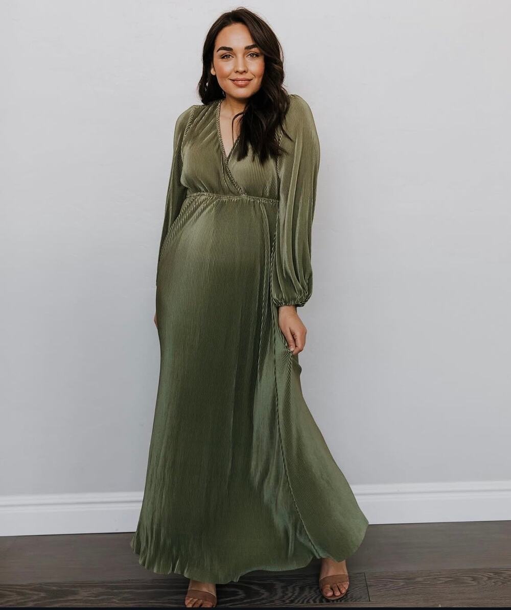 Baltic Born Venus Pleat Maxi Sage Green Lng Sleeve Boho Wedding Maternity Dress
